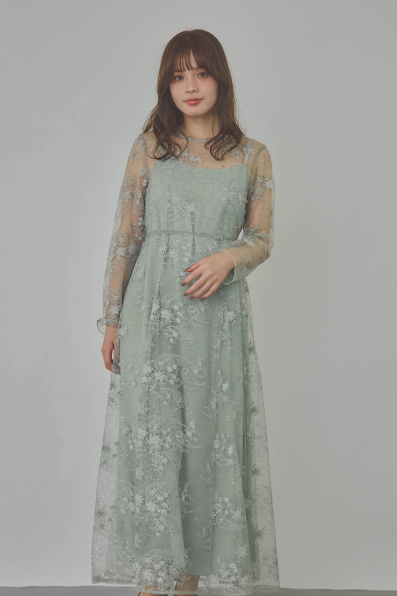 ミントのスパンコールエンブロイダリーAラインドレス