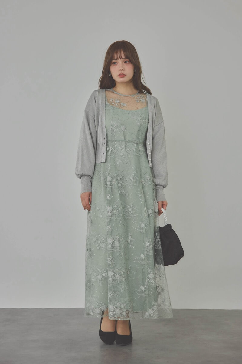 ミントのスパンコールエンブロイダリーAラインドレス