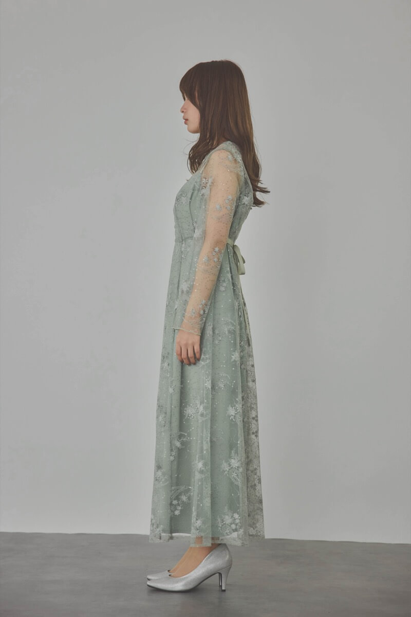 ミントのスパンコールエンブロイダリーAラインドレス