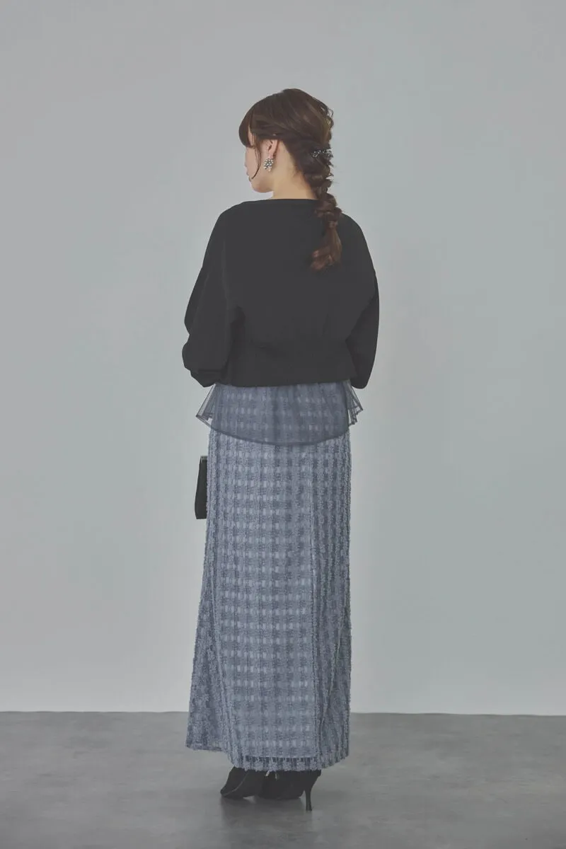 ブルーのチュールブラウス×ラメツイードドレス