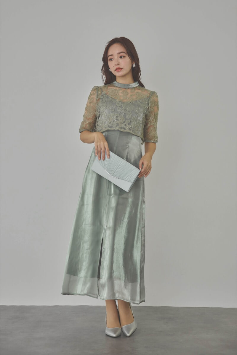 グリーンのスパンコールトップスセットドレス