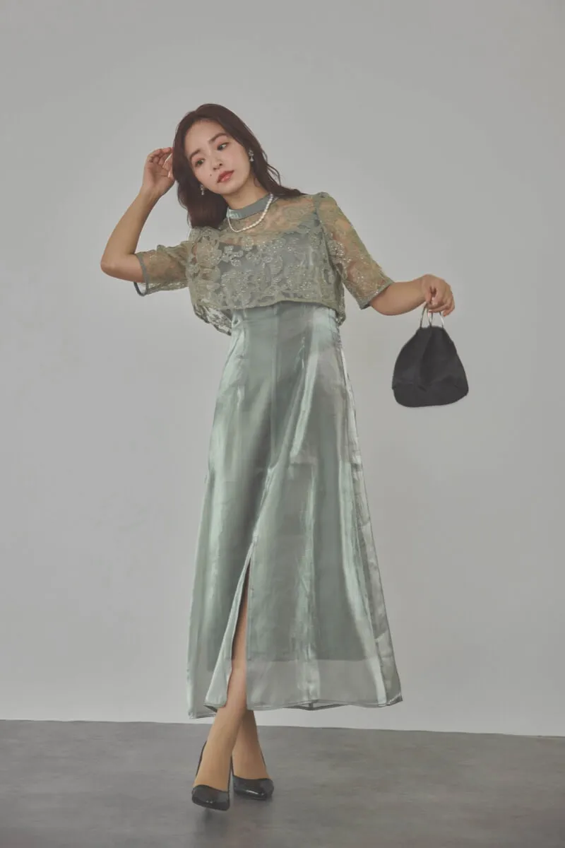 グリーンのスパンコールトップスセットドレス