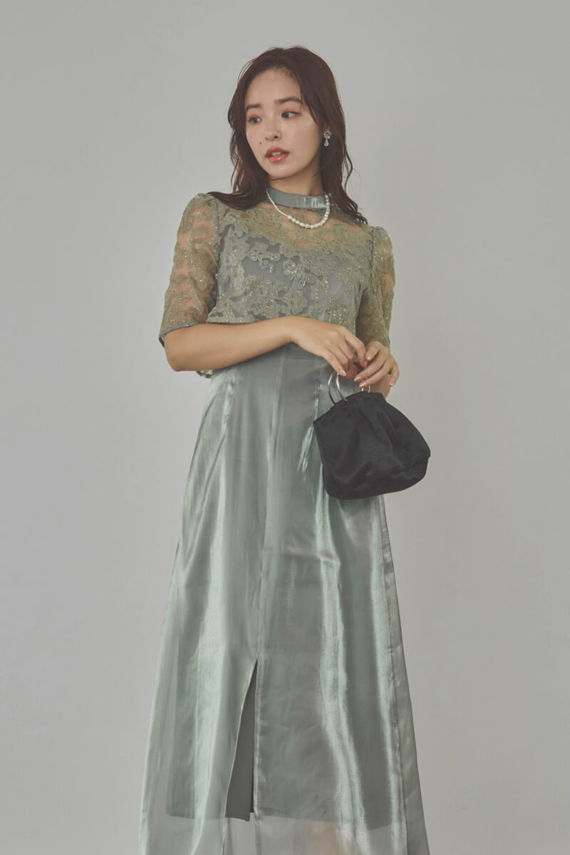 グリーンのスパンコールトップスセットドレス