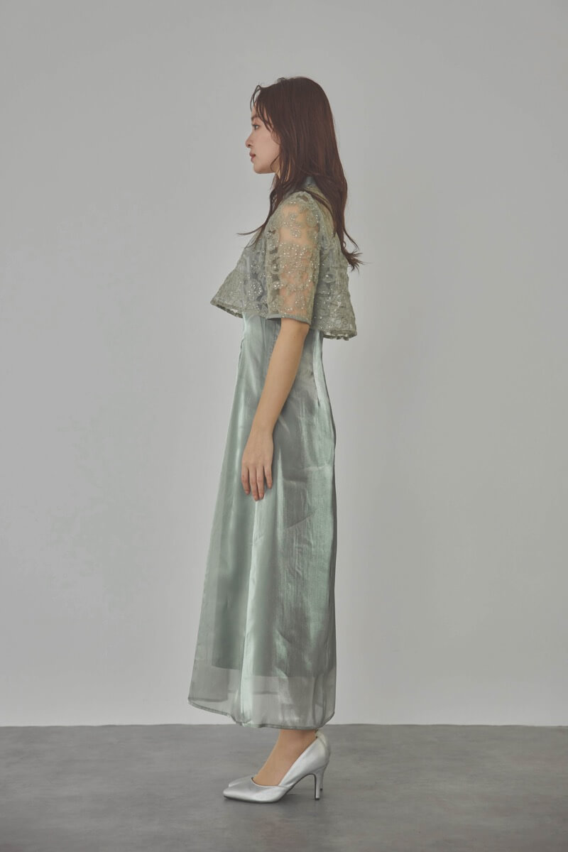 グリーンのスパンコールトップスセットドレス