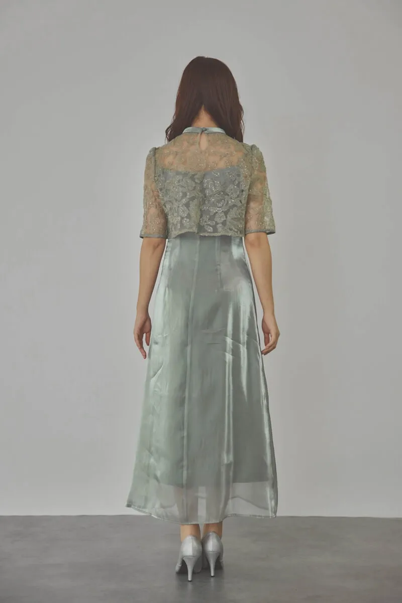 グリーンのスパンコールトップスセットドレス