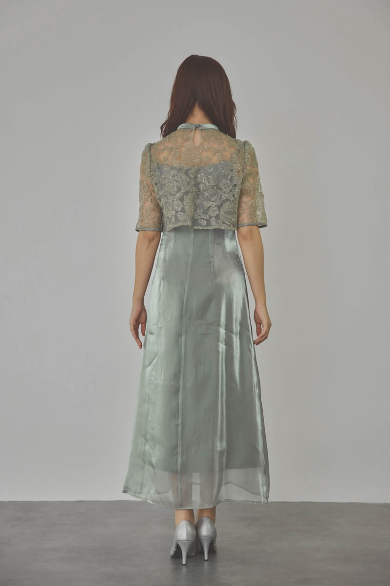 グリーンのスパンコールトップスセットドレス