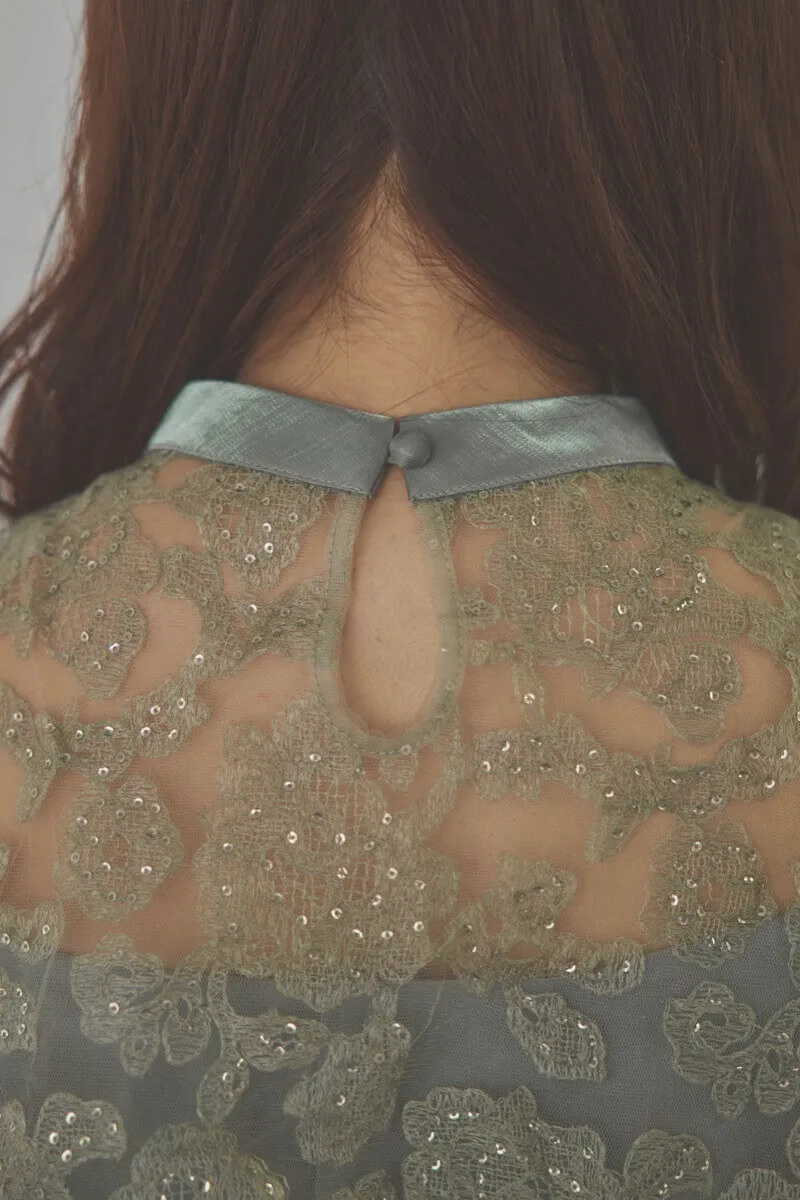 グリーンのスパンコールトップスセットドレス