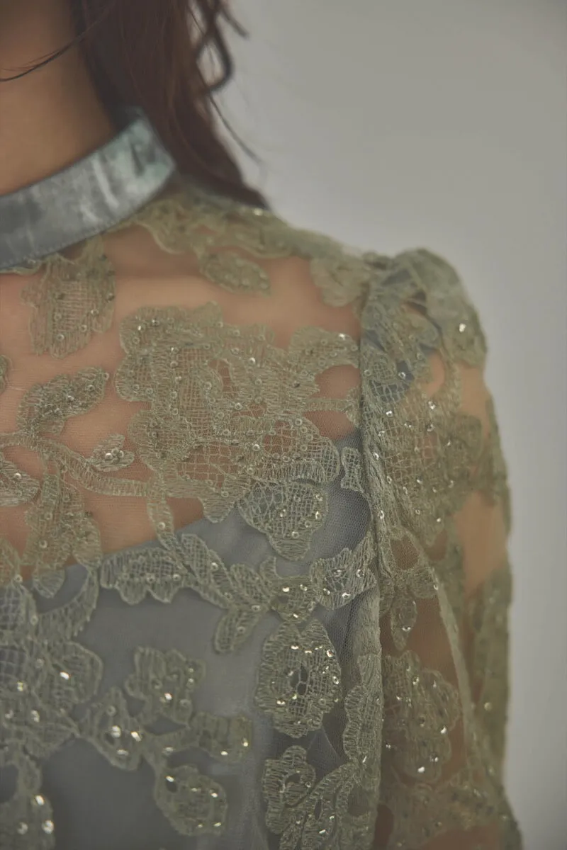 グリーンのスパンコールトップスセットドレス