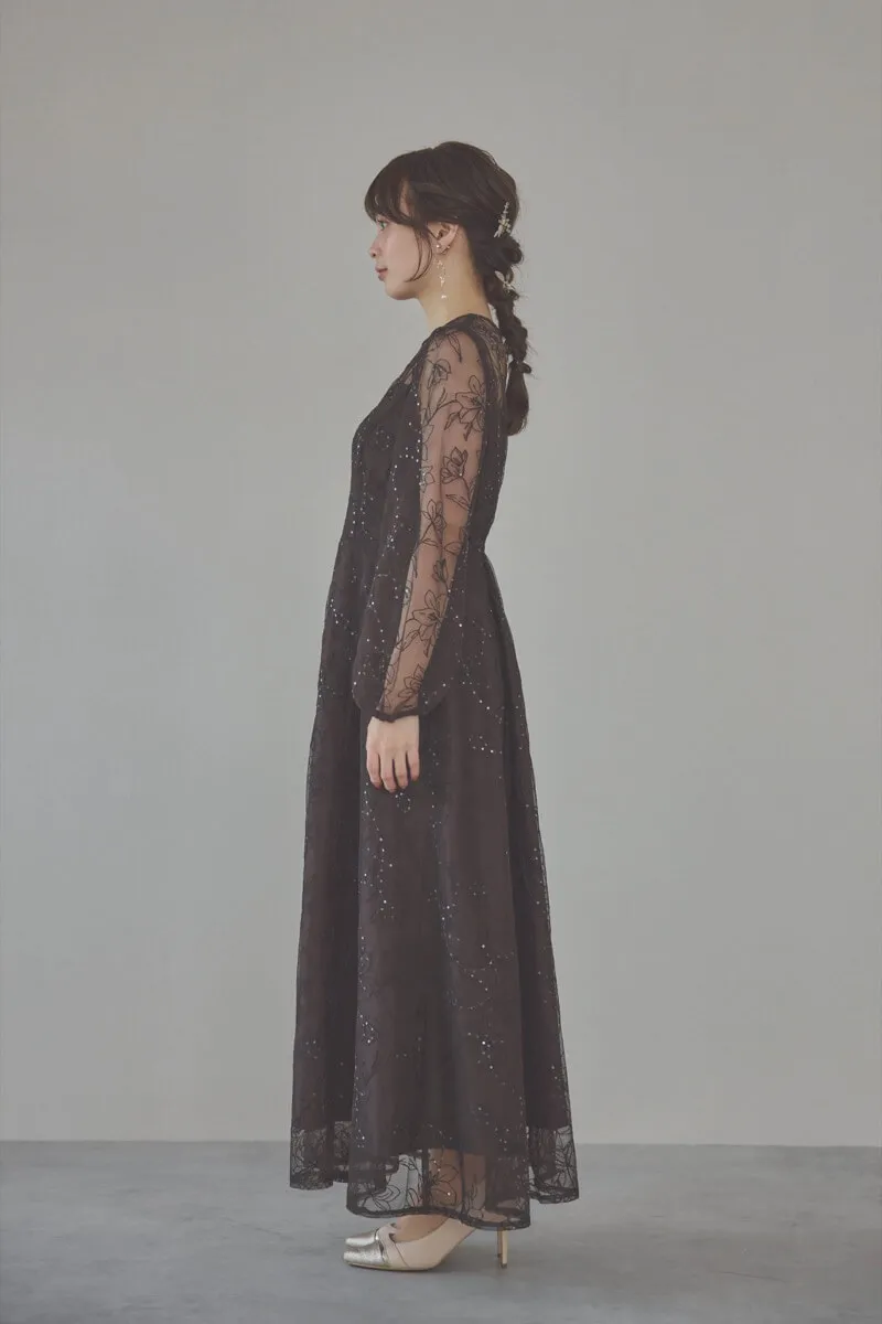 ブラウンのスパンコール刺繍ドレス