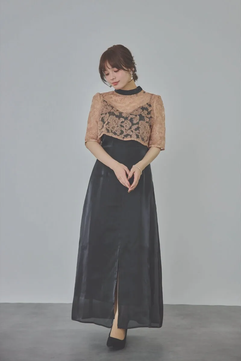 ブラックのスパンコール花柄トップスセットドレス