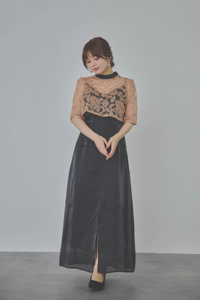 ブラックのスパンコール花柄トップスセットドレス