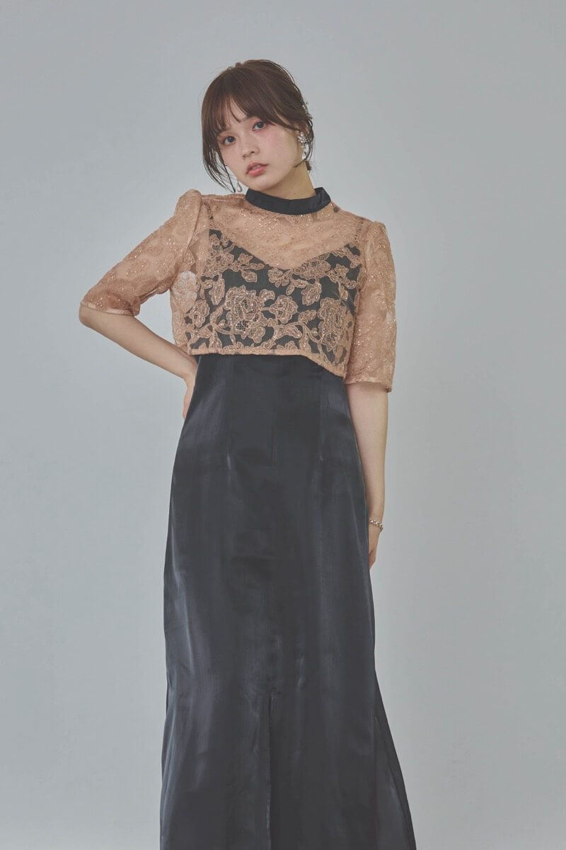 ブラックのスパンコール花柄トップスセットドレス