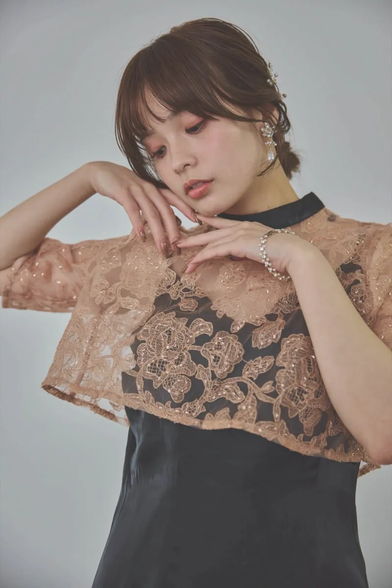 ブラックのスパンコール花柄トップスセットドレス