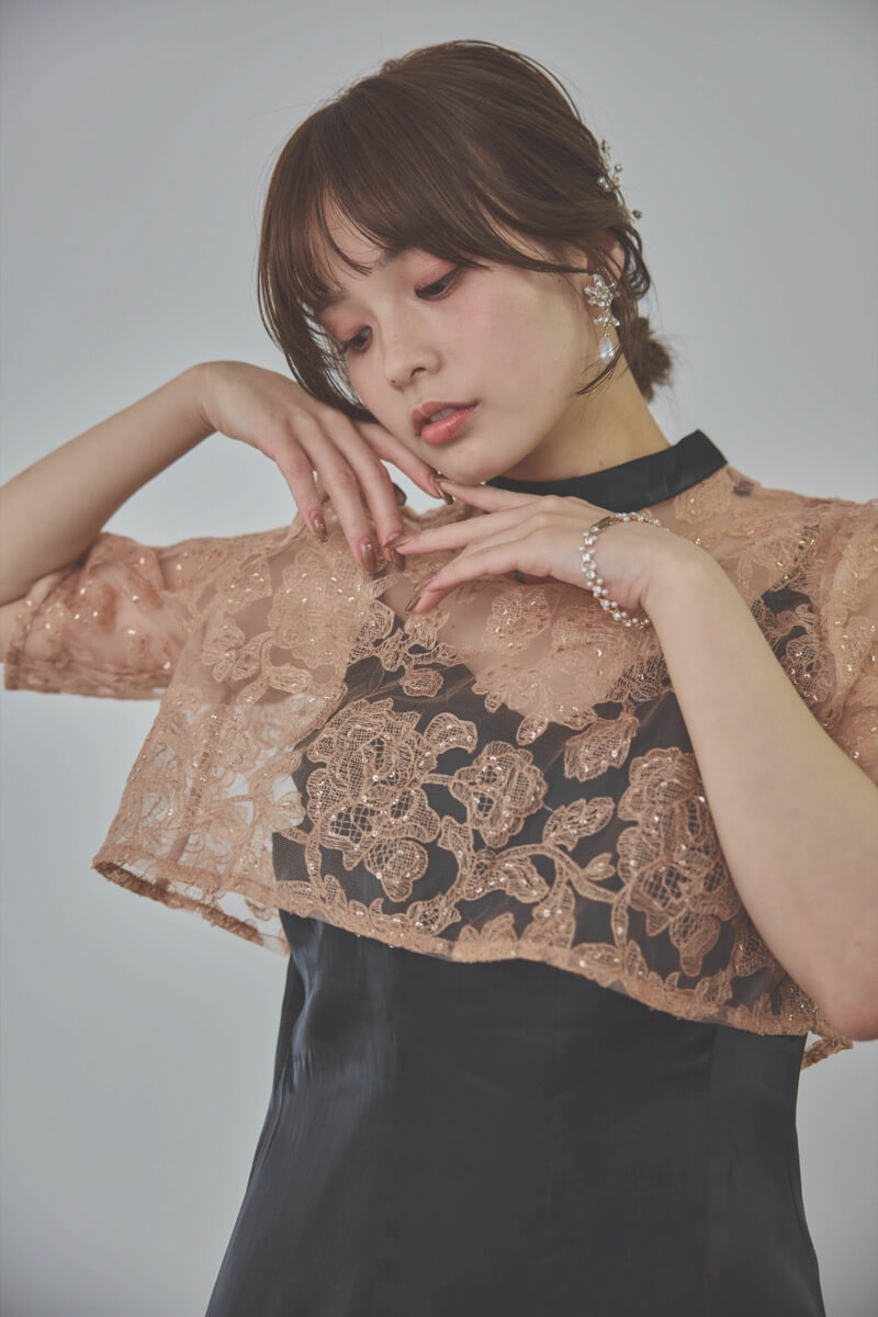 ブラックのスパンコール花柄トップスセットドレス