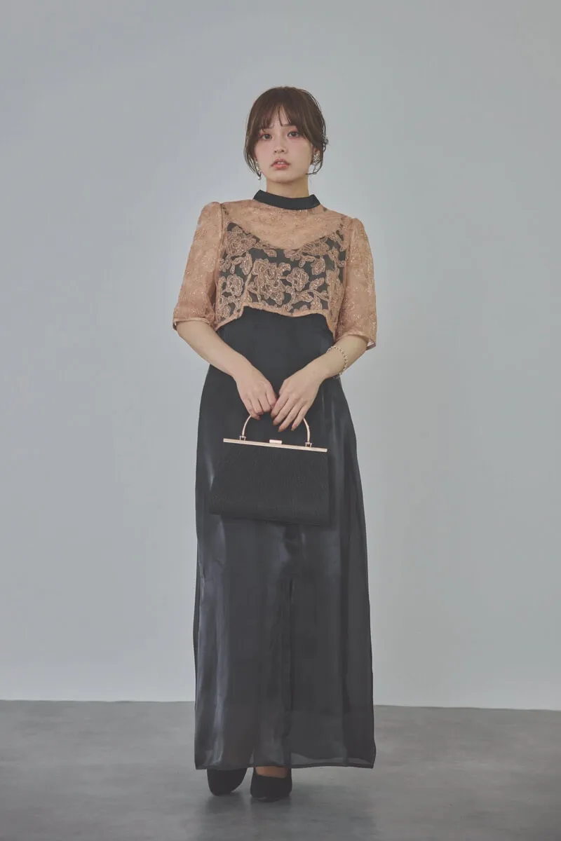 ブラックのスパンコール花柄トップスセットドレス