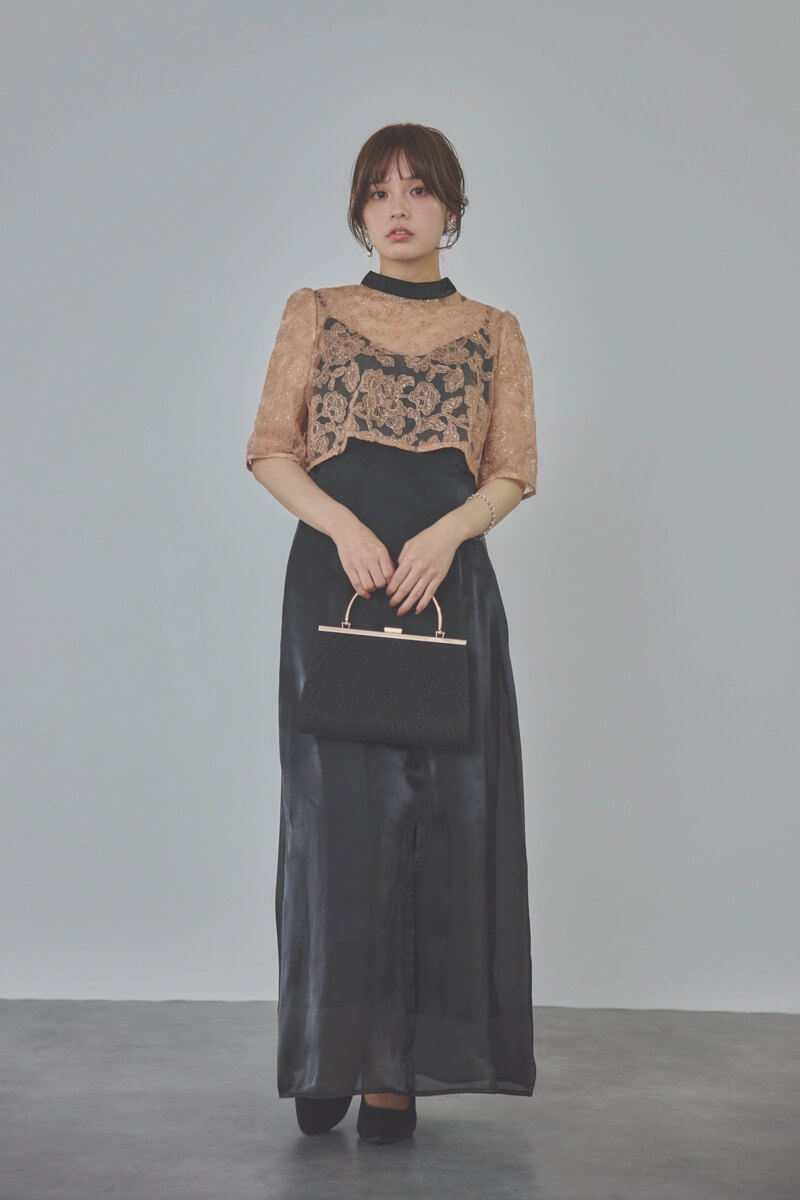 ブラックのスパンコール花柄トップスセットドレス