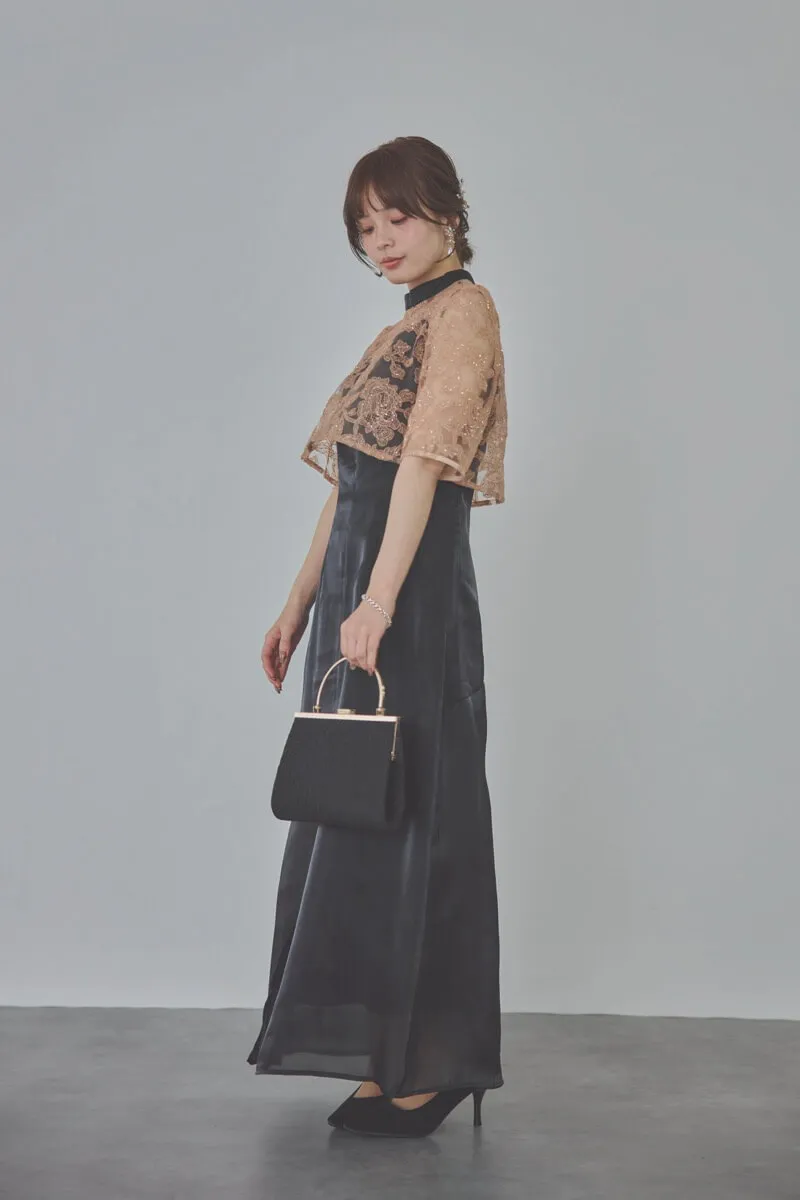 ブラックのスパンコール花柄トップスセットドレス