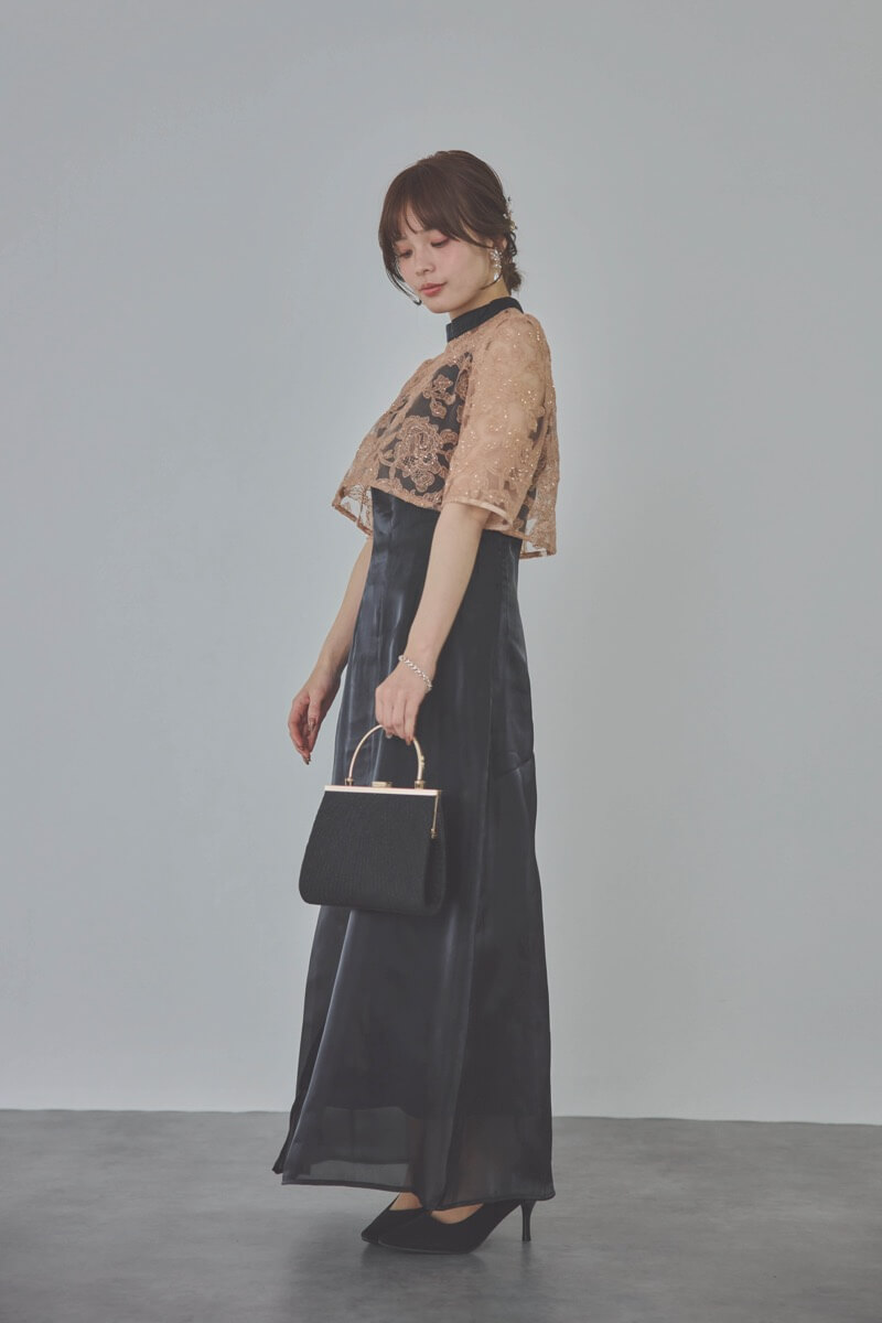 ブラックのスパンコール花柄トップスセットドレス