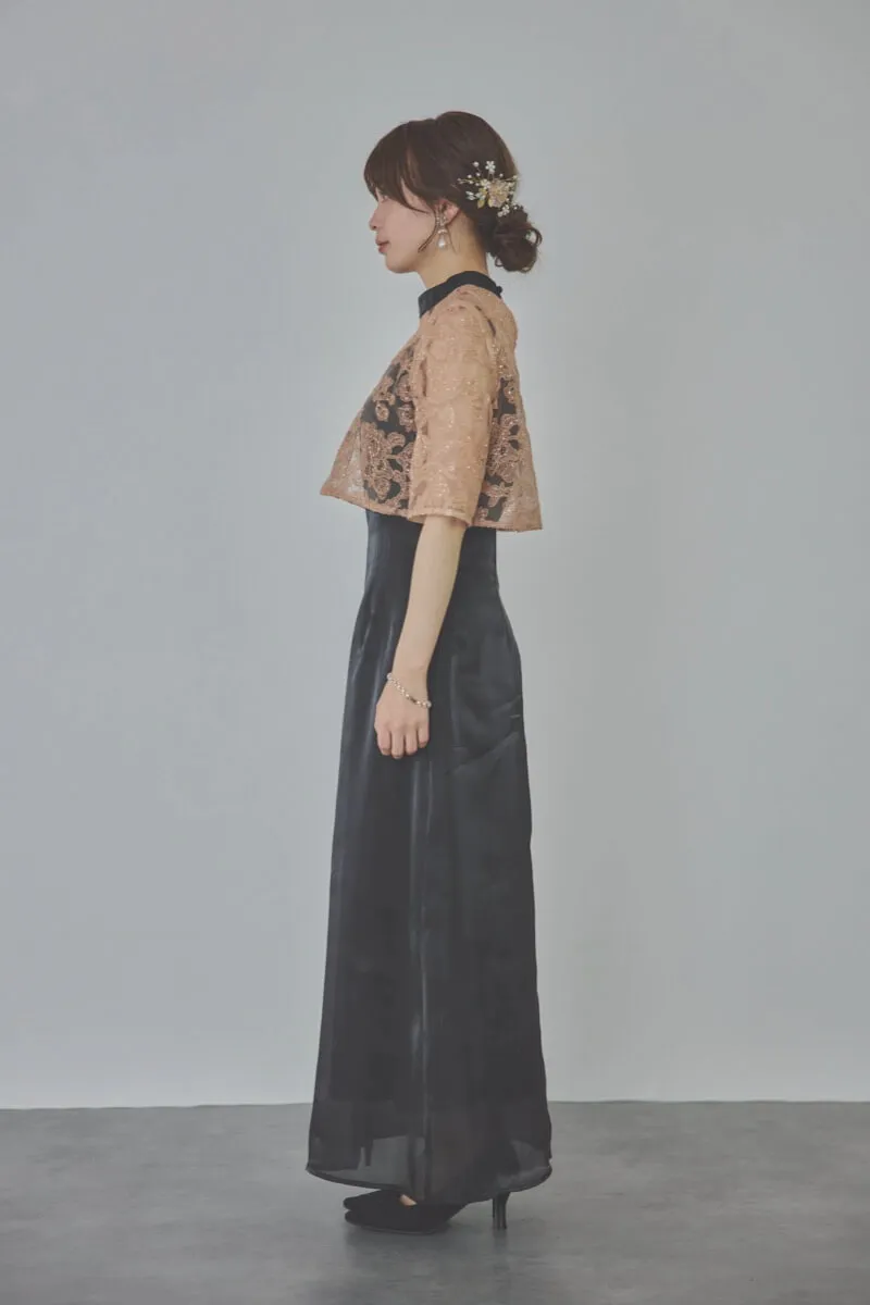 ブラックのスパンコール花柄トップスセットドレス