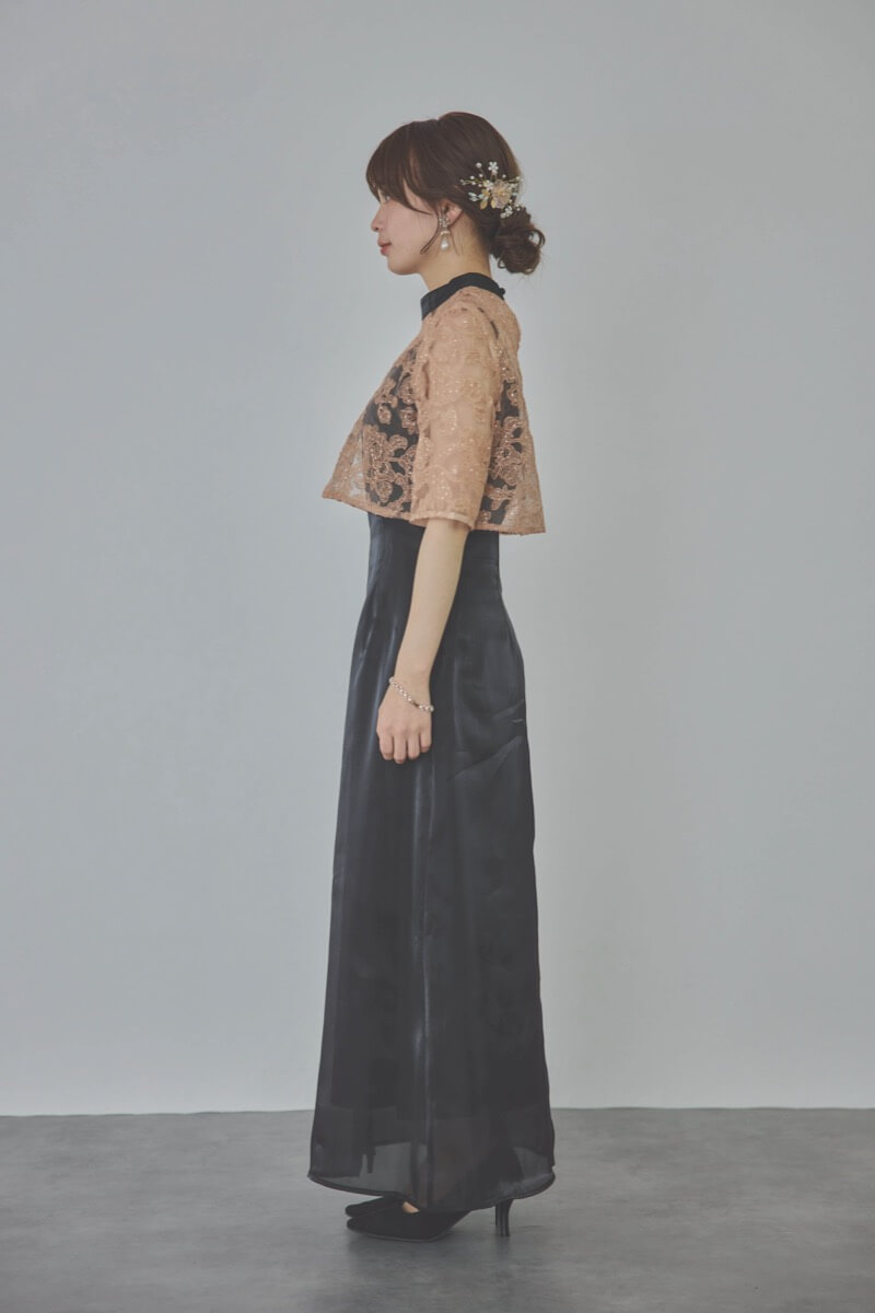 ブラックのスパンコール花柄トップスセットドレス