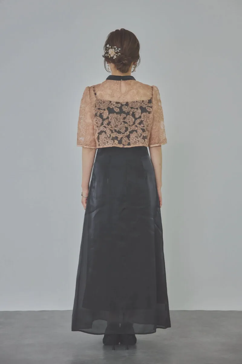 ブラックのスパンコール花柄トップスセットドレス