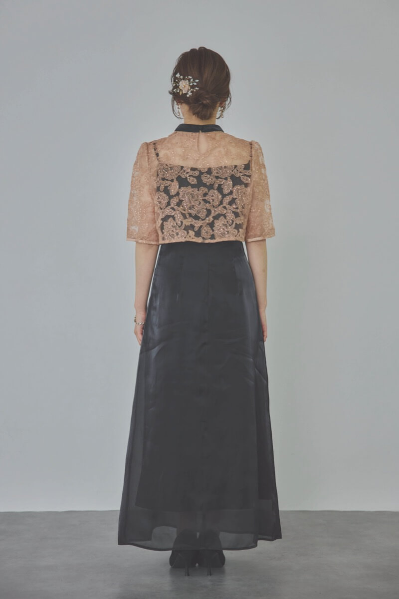 ブラックのスパンコール花柄トップスセットドレス