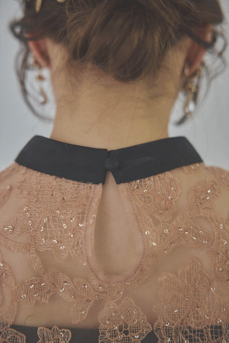 ブラックのスパンコール花柄トップスセットドレス