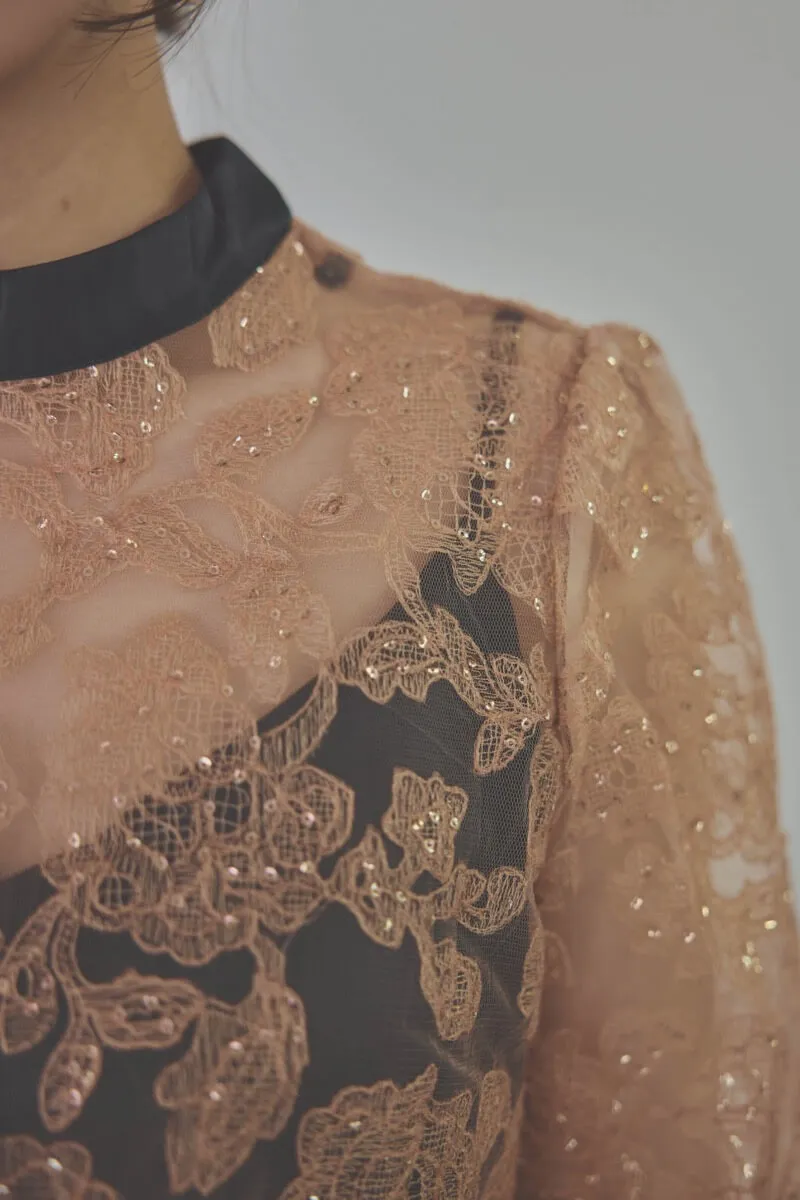 ブラックのスパンコール花柄トップスセットドレス