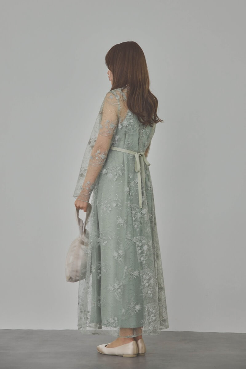 ミントのスパンコールエンブロイダリーAラインドレス