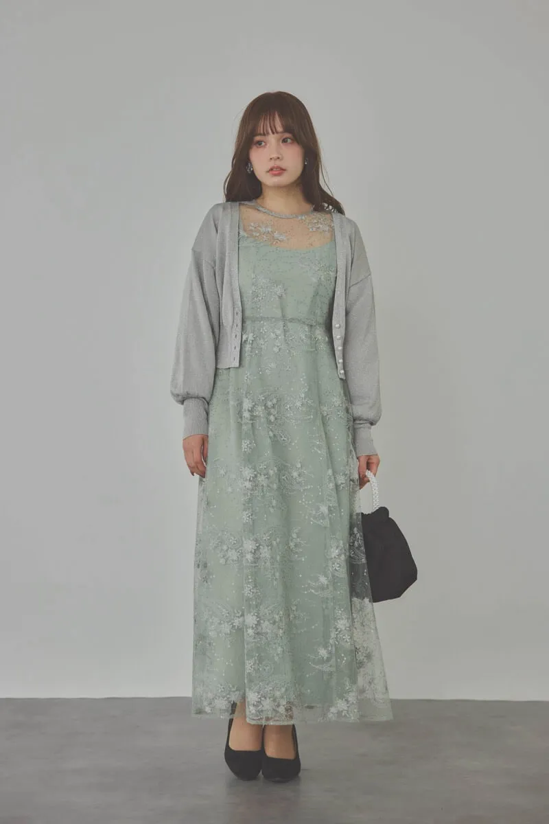 ミントのスパンコールエンブロイダリーAラインドレス