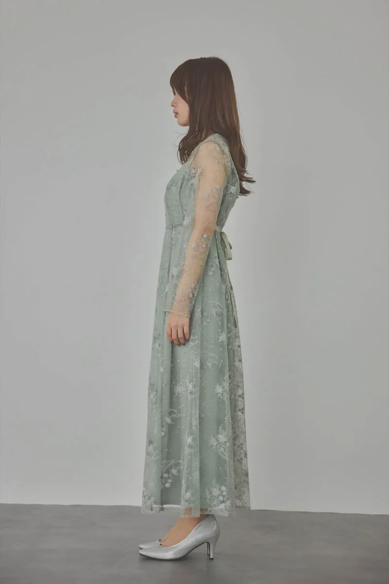 ミントのスパンコールエンブロイダリーAラインドレス
