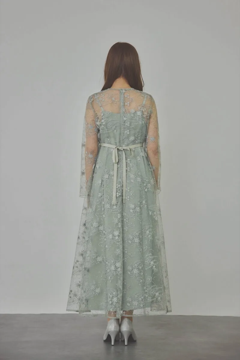 ミントのスパンコールエンブロイダリーAラインドレス