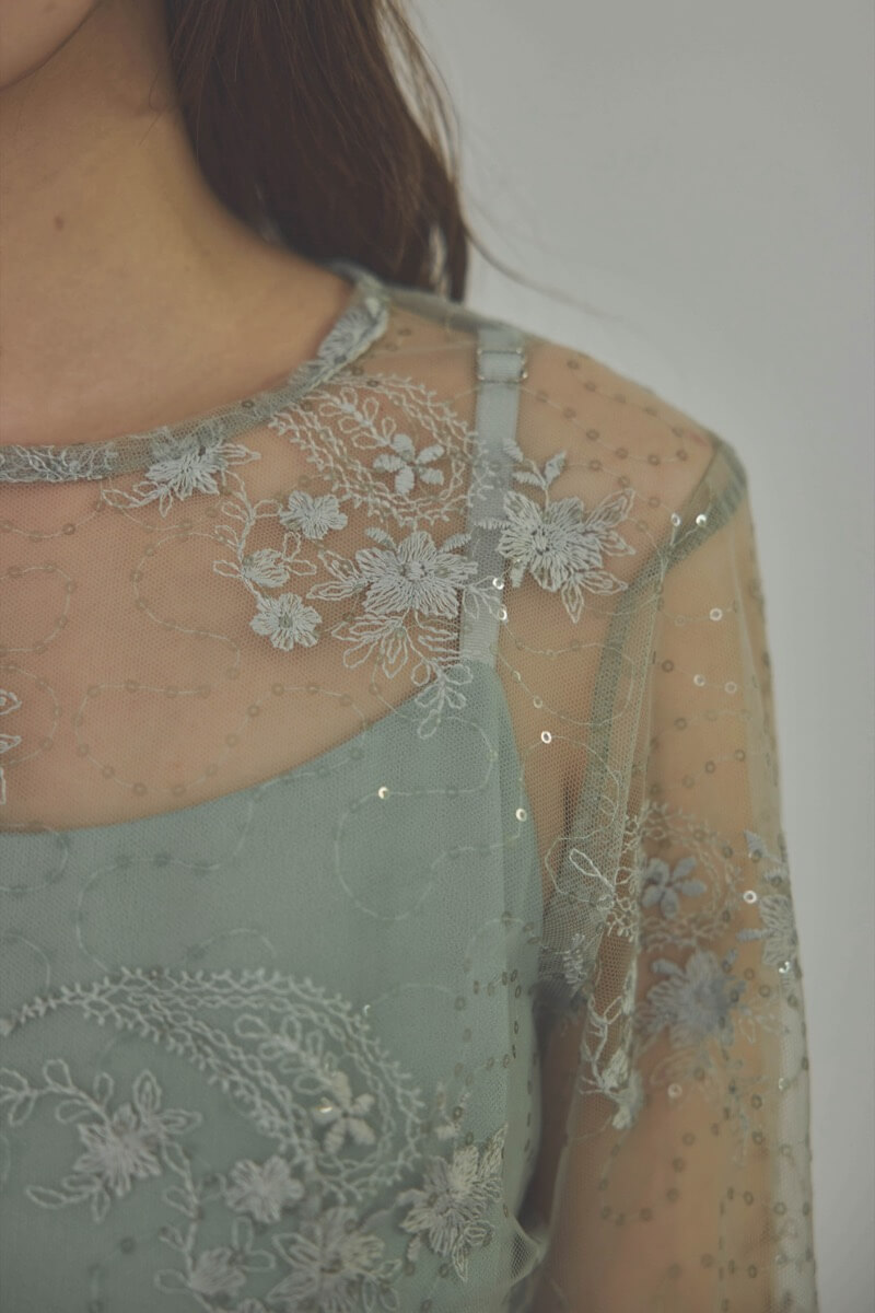 ミントのスパンコールエンブロイダリーAラインドレス