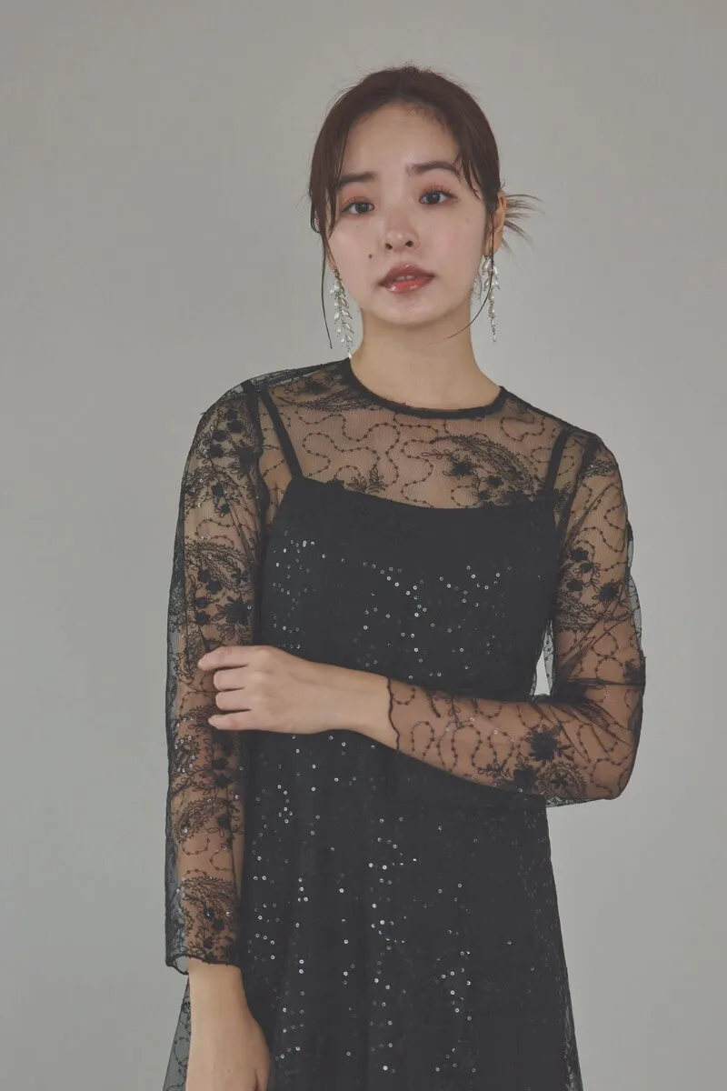 ブラックのスパンコールエンブロイダリーAラインドレス