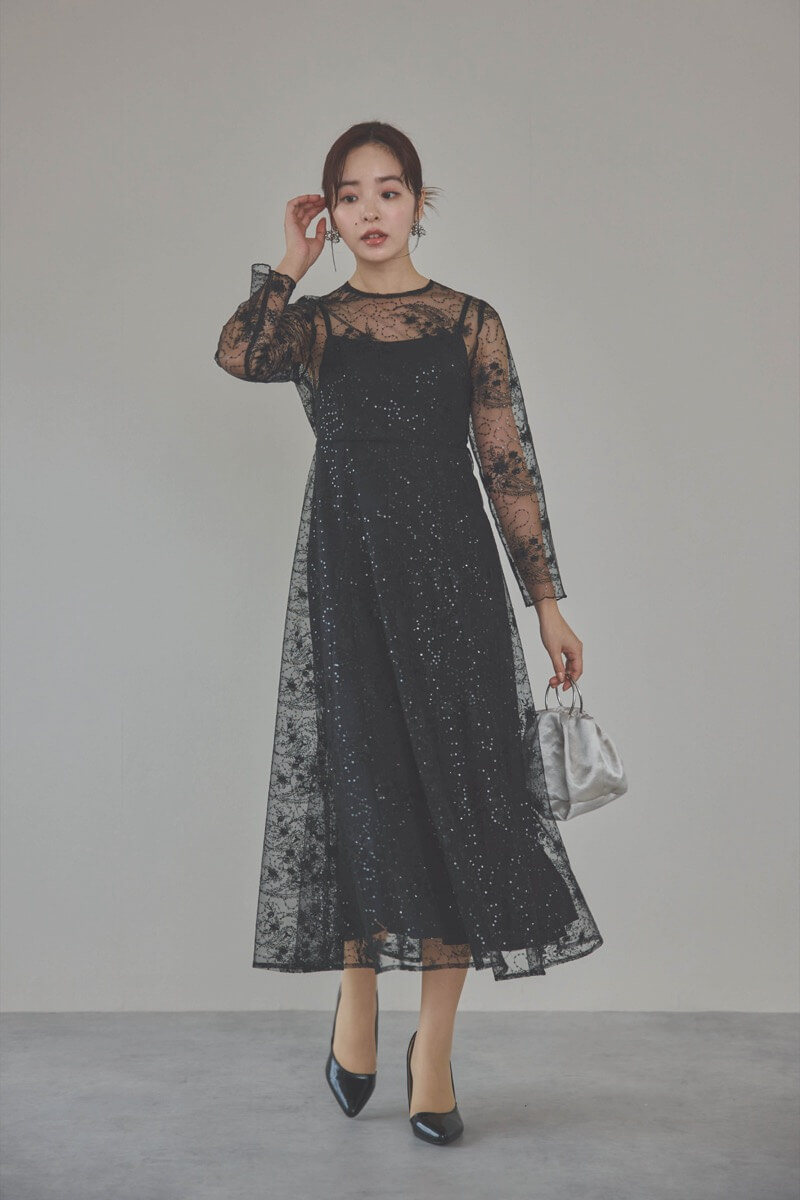 ブラックのスパンコールエンブロイダリーAラインドレス