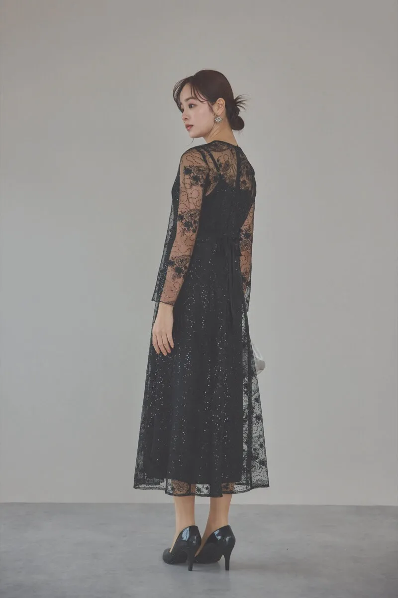ブラックのスパンコールエンブロイダリーAラインドレス