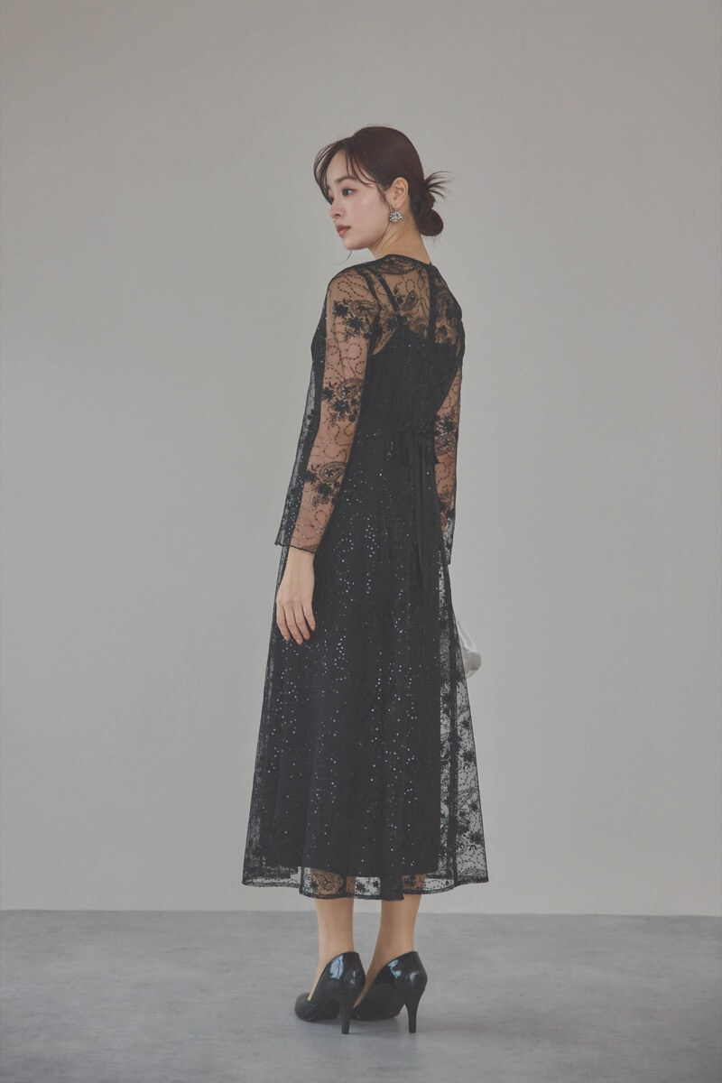 ブラックのスパンコールエンブロイダリーAラインドレス