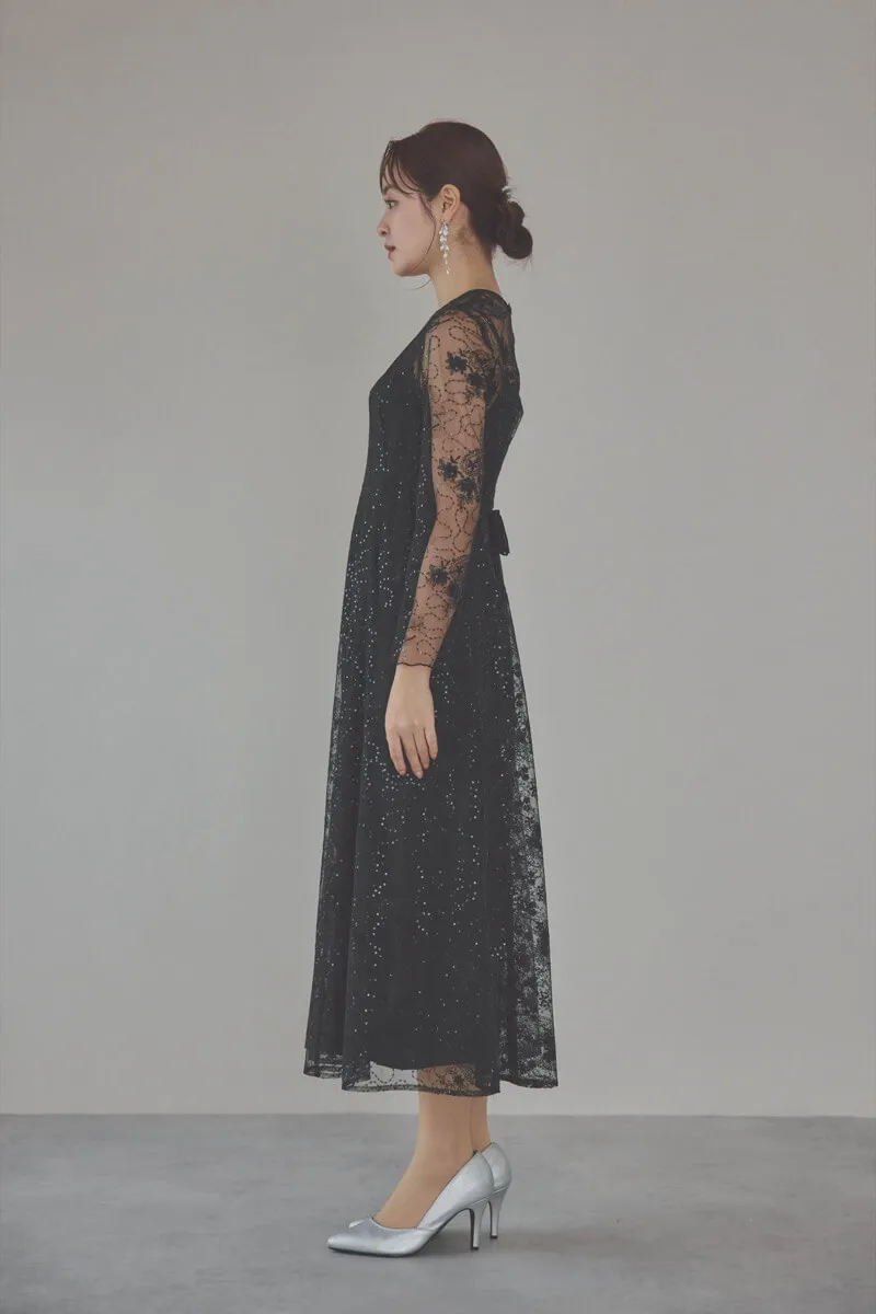 ブラックのスパンコールエンブロイダリーAラインドレス