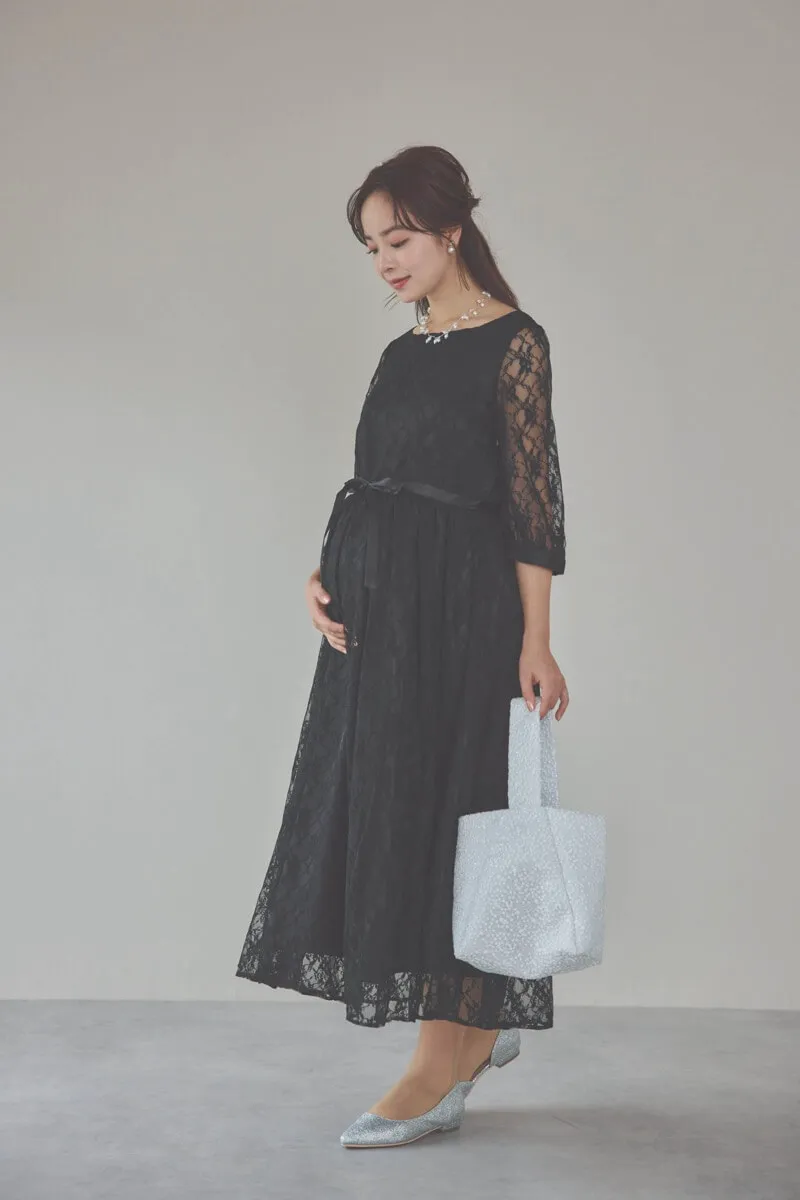 ブラックの授乳口付き総レースドレス