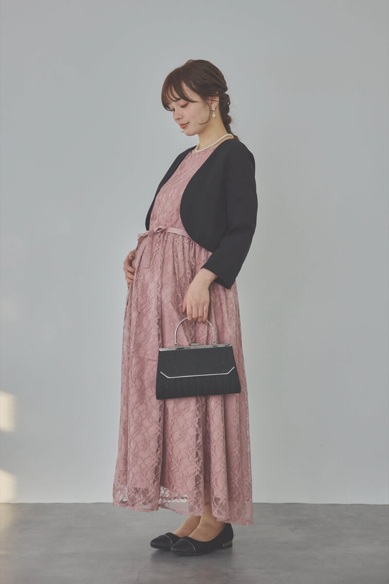 モーヴピンクの授乳口付き総レースドレス