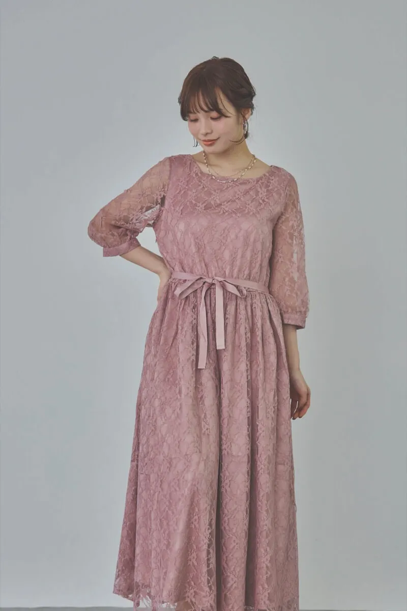 モーヴピンクの授乳口付き総レースドレス