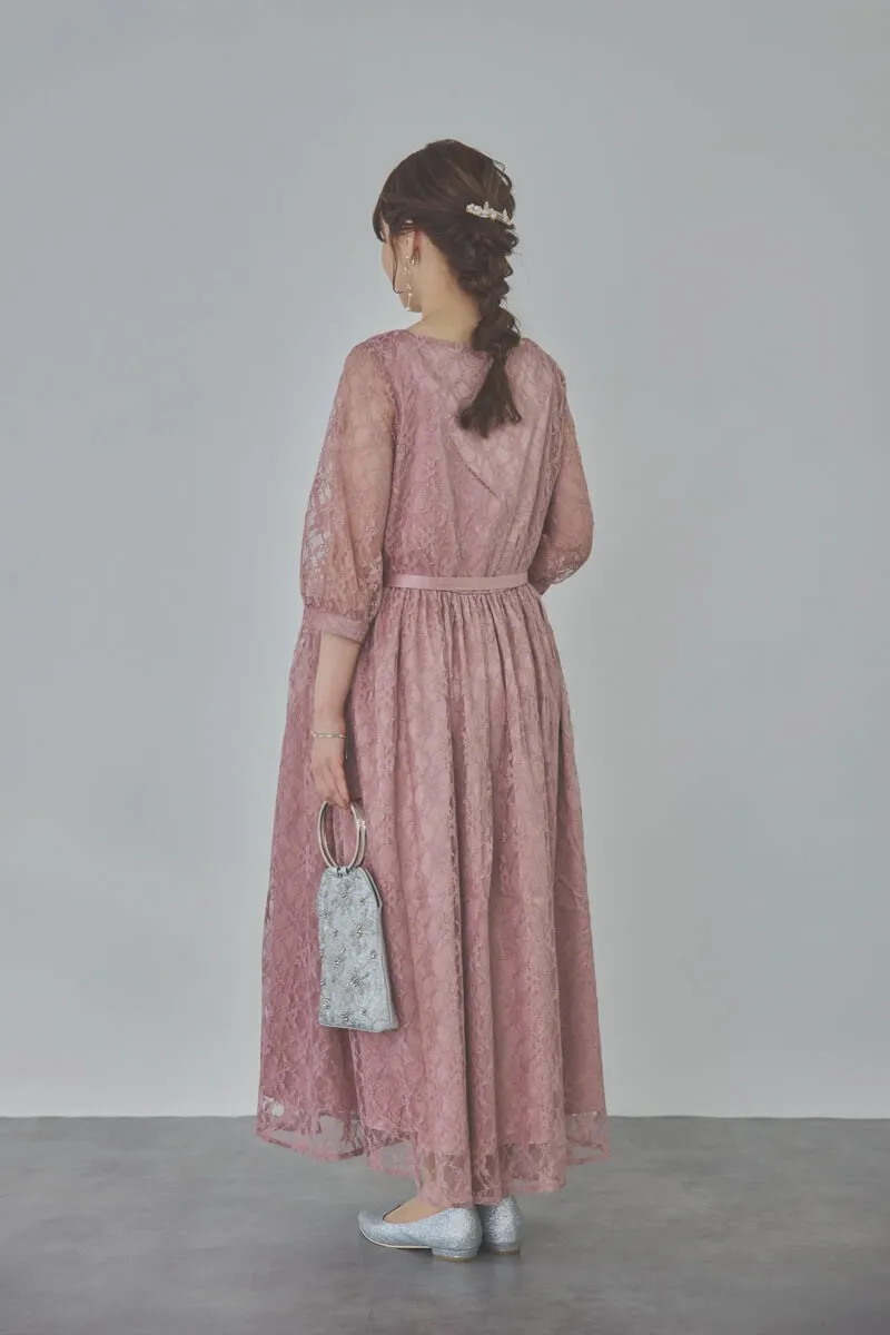 モーヴピンクの授乳口付き総レースドレス