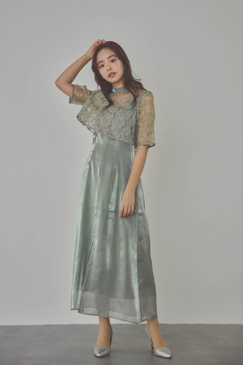 グリーンのスパンコールトップスセットドレス