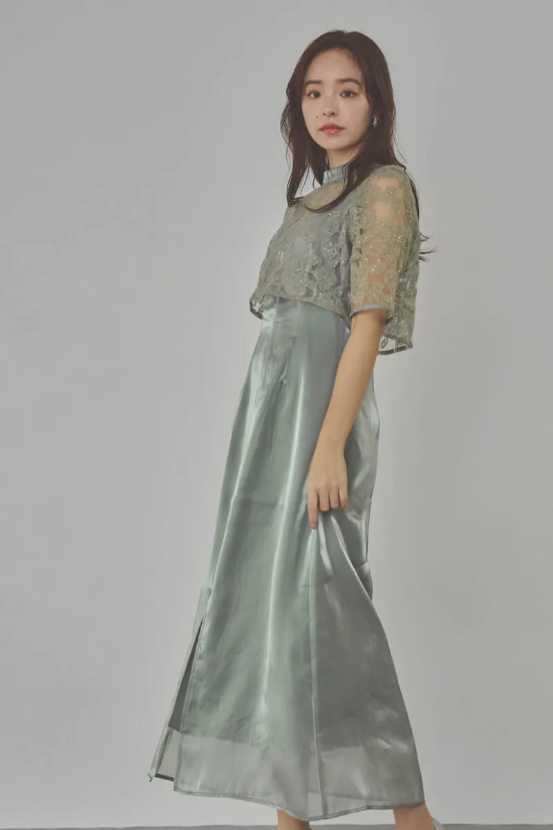 グリーンのスパンコールトップスセットドレス