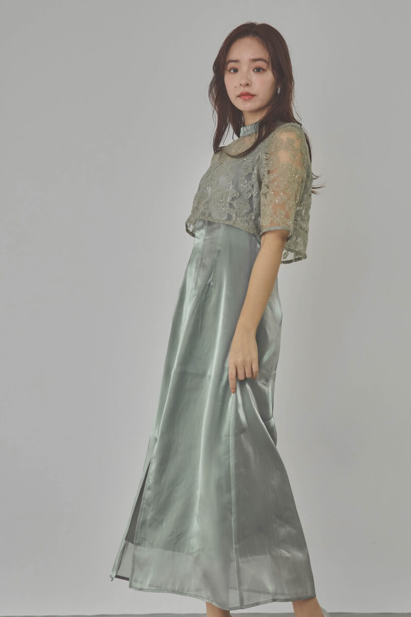 グリーンのスパンコールトップスセットドレス