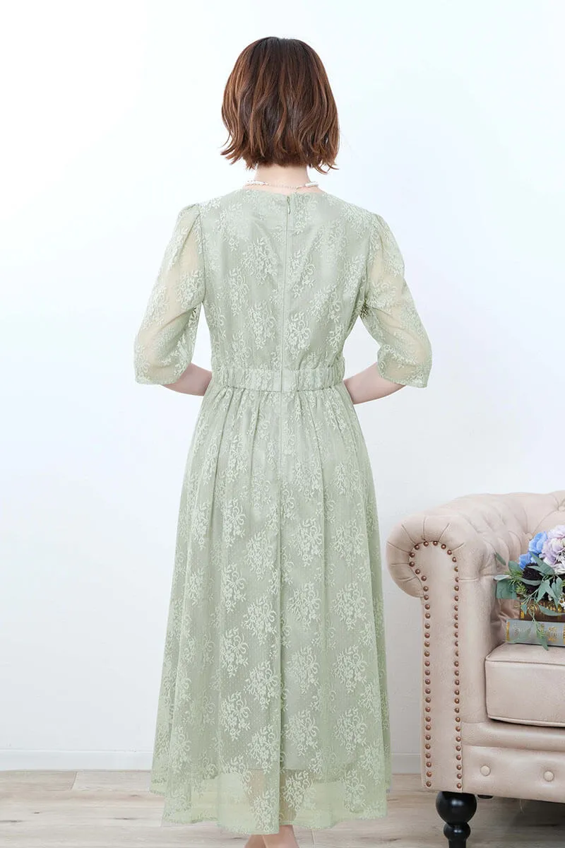 ライトグリーンのフラワーブーケレースドレス