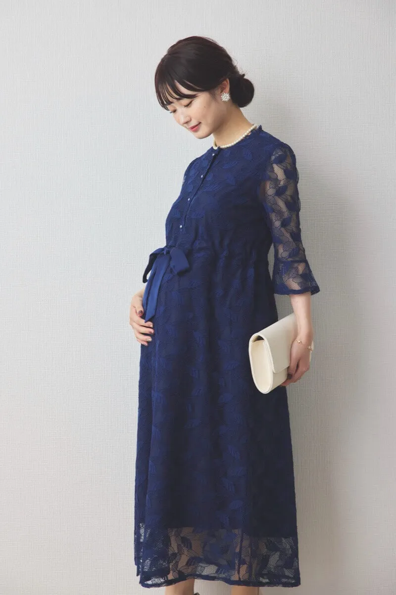 ネイビーの前開き総レースマタニティドレス