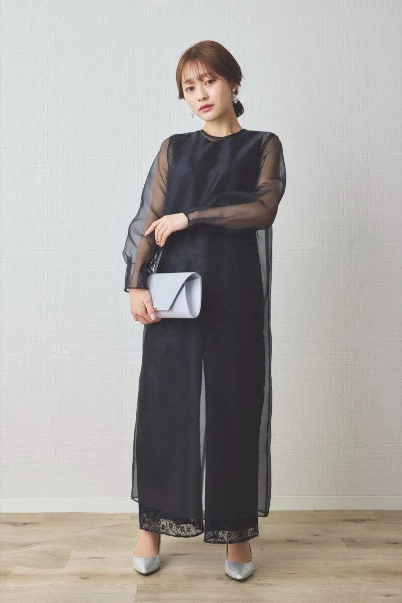 ブラックのシアーレイヤードオールインワンドレス