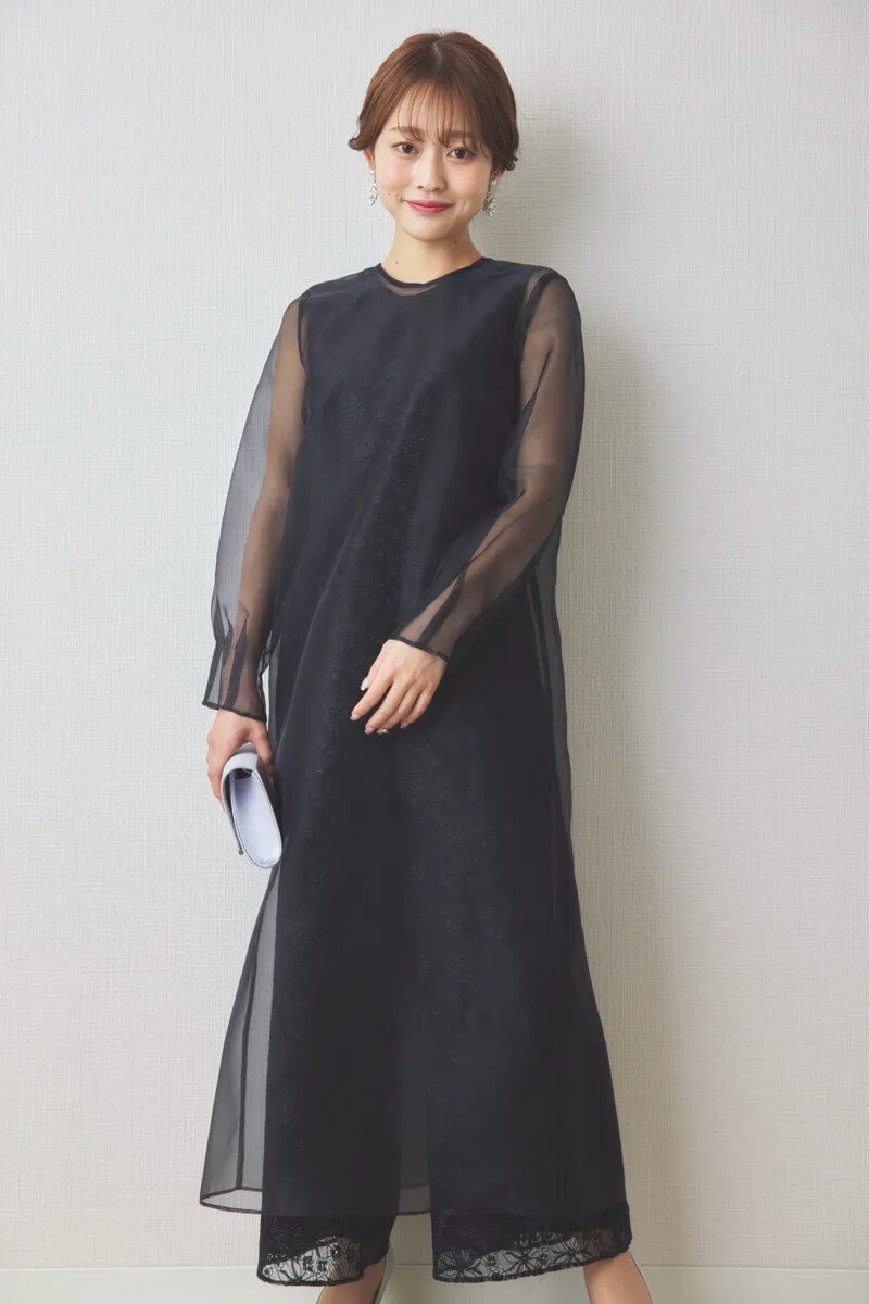 ブラックのシアーレイヤードオールインワンドレス