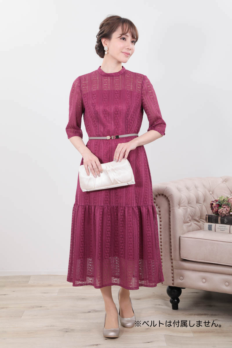 パープルのマーメイドラインストライプレースドレス